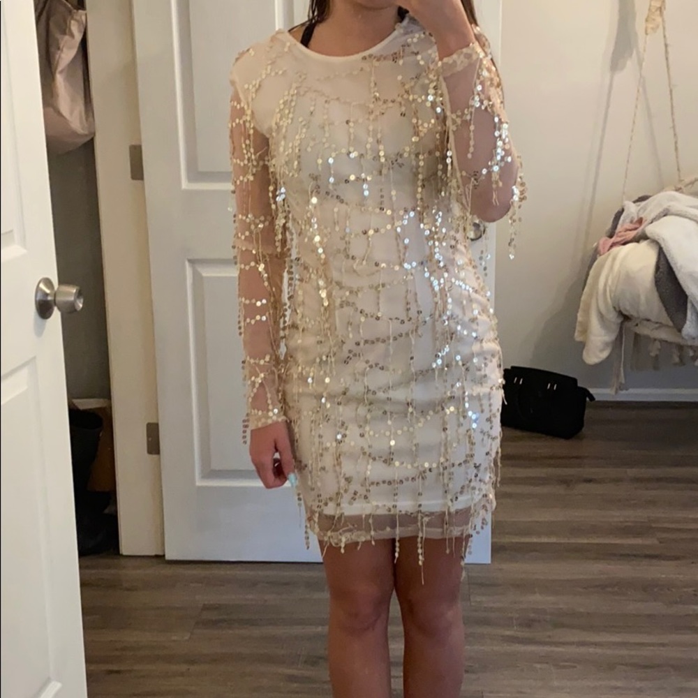 pretty little thing gold sequin long sleeve  dress